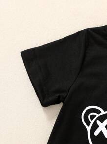 Set de 2 piezas de camiseta con estampado de oso de dibujos animados y pantalones cortos deportivos suaves y cómodos para niño bebé, ropa casual de diario y atuendos de vacaciones, para primavera/verano
