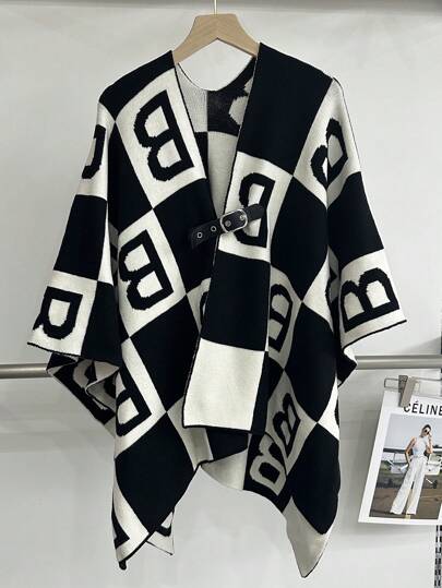 1pc Thick Leather Button Women Versatile Scarf/Shawl, Letter Printed, For Office & Casual, Autumn/Winter
