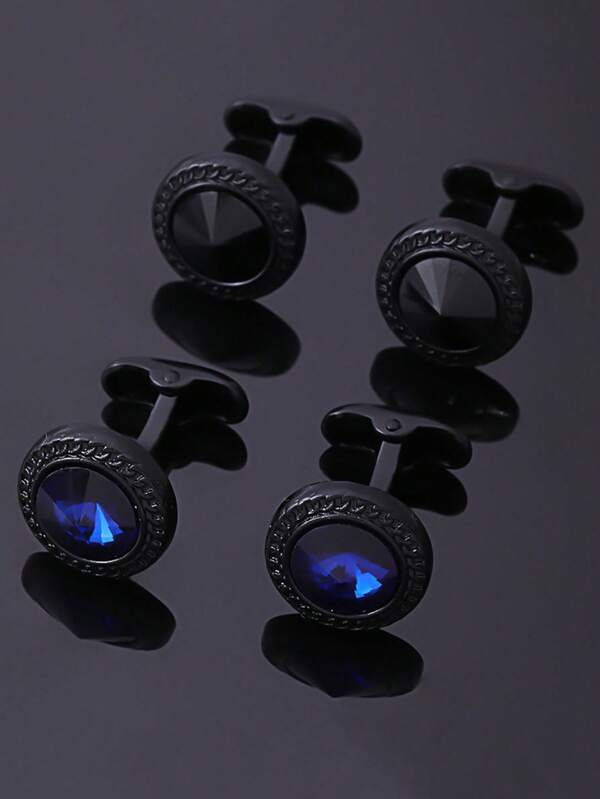 1 Pair Premium Round Electroplated Gun Black Diamond Metal Cufflinks For Men