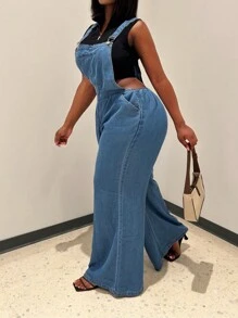 Women's Loose Adjustable Shoulder Strap, Wide Leg Denim Shoulder Strap, Overall Denim Pants, Long Pants - 中等水洗藍 - 查看 4