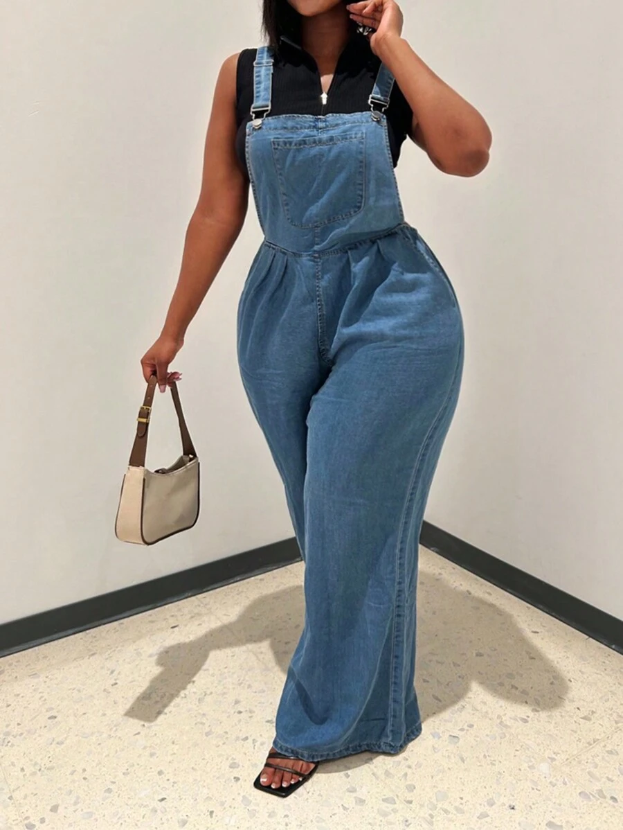 Women's Loose Adjustable Shoulder Strap, Wide Leg Denim Shoulder Strap, Overall Denim Pants, Long Pants - 中等水洗藍 - 查看 1