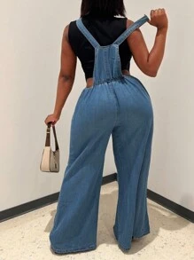 Women's Loose Adjustable Shoulder Strap, Wide Leg Denim Shoulder Strap, Overall Denim Pants, Long Pants - 中等水洗藍 - 查看 3
