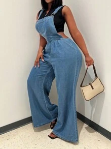 Women's Loose Adjustable Shoulder Strap, Wide Leg Denim Shoulder Strap, Overall Denim Pants, Long Pants - 中等水洗藍 - 查看 2