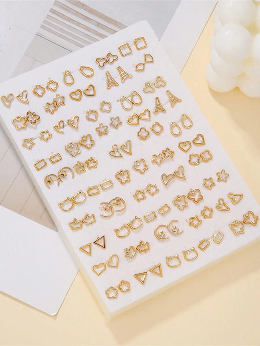 50 Pairs Assorted Rhinestone Star, Music Note, Bow Plastic Earrings Set For Girls, Random Color & Style, No Box, Suitable For Birthday Party - Multicolor - View 1