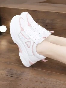 女士时尚休闲厚底运动鞋潮流街头运动鞋轻便舒适厚底系带运动鞋适合女学生 - 白粉 - 查看 5
