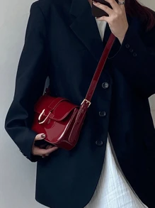 1 pezzo Borsa a bauletto in pelle poliuretanica laccata per donna, borsa baguette bordeaux, borsa stile Y2K, borsa quadrata mini laccata, borsa mini semplice, borsa a spalla/sotto braccio, borsa mini retrò, borsa versatile da lavoro, borsa quadrata mini da studente, borsa ispirata al retrò per donna, borsa bordeaux alla moda - Bordò - Visualizzare 8