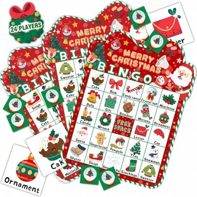 32 Pcs Set Christmas Bingo Game For Adult 24 Players Bingo Cards Christmas Games With For Class Activities Family Party Favors Xmas Gifts Holiday Supplies,Christmas