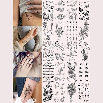 20张小型临时纹身贴纸套装，包含花卉、行星、山脉、心形剑等图案，防水，适合派对妆容，可贴于手指、手腕、脚踝和锁骨，是情人节、派对、约会的理想之选。