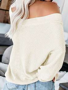 Women V-Neck Long Sleeve Waffle Knit Off-Shoulder Pullover Sweater - Apricot - View 2