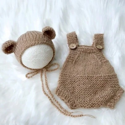 Newborn Knitted Bear Hat And Jumpsuit Set, Photography Props For Baby Boys And Girls, Teddy Bear Style Baby Shower Family Decorations Gifts Baby Shower Easter Gift Things For Girls/Boys