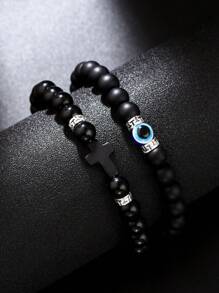 2 piezas Conjunto de pulseras elásticas con diseño de cruz negro y blanco para hombres