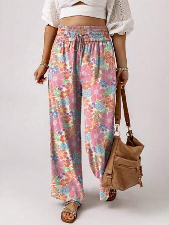 女士花卉褶饰腰部宽松裤