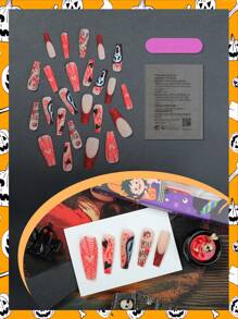 24 Stück Halloween Aufklebe-Nägel Set, lange quadratische Kunstnägel mit gruseligen Geister-, Herz-, Buchstaben- und Spinnennetz-Motiven, matte Fake-Nägel für Frauen und Mädchen, Nagelbedarf
