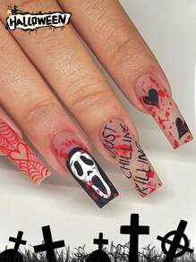 24 Stück Halloween Aufklebe-Nägel Set, lange quadratische Kunstnägel mit gruseligen Geister-, Herz-, Buchstaben- und Spinnennetz-Motiven, matte Fake-Nägel für Frauen und Mädchen, Nagelbedarf