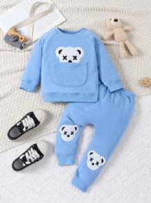 2pcs/Set Infant Baby Boys' Fashion Casual Bear Embroidery Crew Neck Long Sleeve Sweatshirt And Harem Pants Outfit, Autumn/Winter