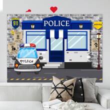 1pc Blue Police Station Themed 1st Birthday Photography Backdrop Cloth,Christmas