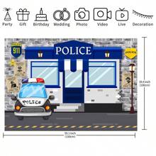 1pc Blue Police Station Themed 1st Birthday Photography Backdrop Cloth,Christmas