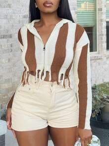 LovelyWholesale 條紋圖案灰色流蘇下擺角落肩針織開衫 - 棕色 - 查看 4