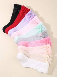 6pairs Assorted Solid Color Vertical Striped Bow Knee-High Socks For Babies - Multicolor - View 2