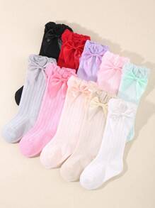 6pairs Assorted Solid Color Vertical Striped Bow Knee-High Socks For Babies - Multicolor - View 3