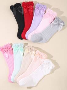 6pairs Assorted Solid Color Vertical Striped Bow Knee-High Socks For Babies - Multicolor - View 4