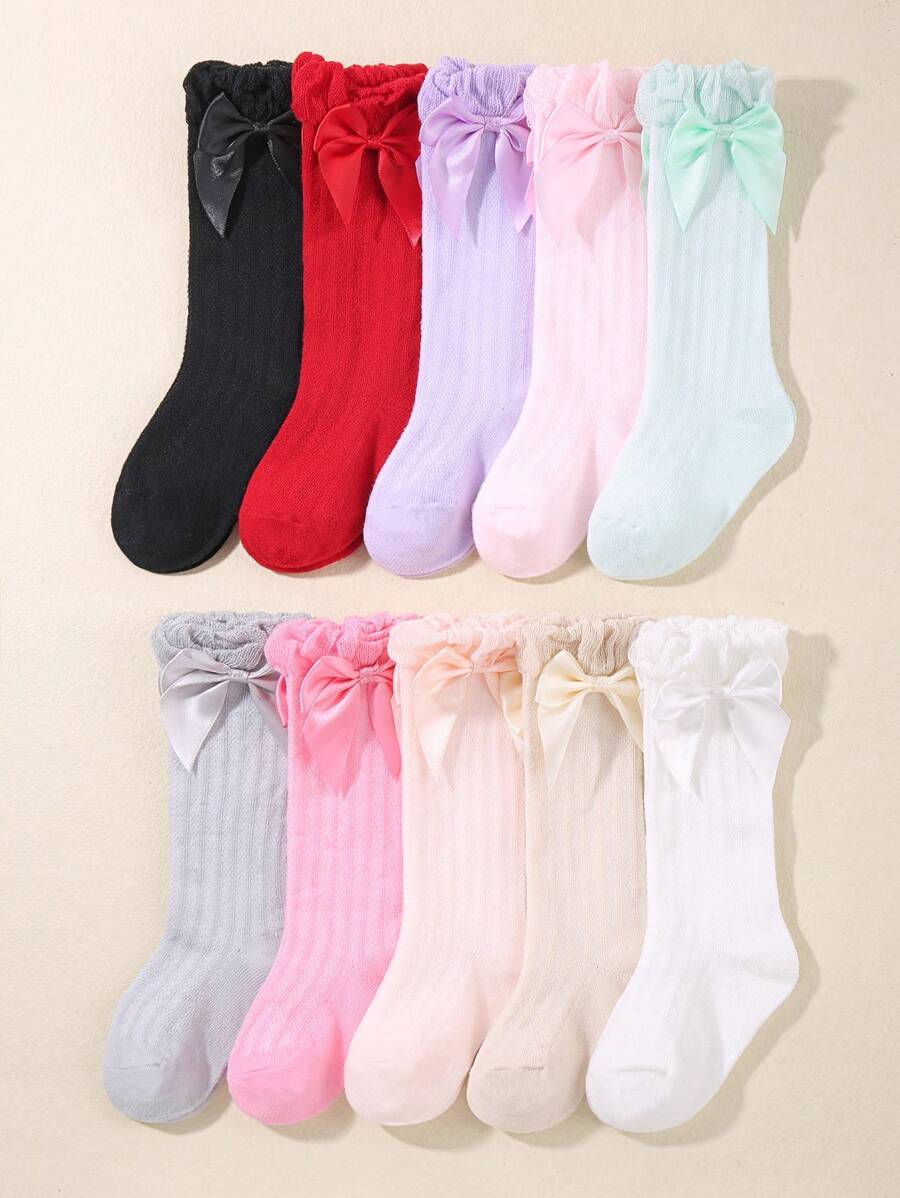 6pairs Assorted Solid Color Vertical Striped Bow Knee-High Socks For Babies - Multicolor - View 1