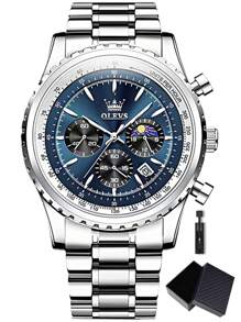 OLEVS. 1件男士休闲不锈钢防水夜光石英表，商务日期计时码表，时尚男士腕表，适合日常佩戴，男士礼物 - 藏蓝色 - 查看 11