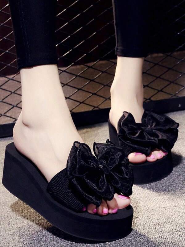Sandalias de cuña con correa de tela con nudo de mariposa para mujer, chanclas rosas de tacón alto para playa y vacaciones en verano,Chanclas de mujer, antideslizantes, de moda, viajes de vacaciones para mujer
