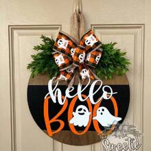 Halloween Willkommensdekorationen, Halloween Willkommensschild zum Aufhängen für die Haustür, Halloween Holztürhänger Kranz mit Schleife für Halloween Heim- und Außenbereich Wanddekoration ("Hallo Buh")