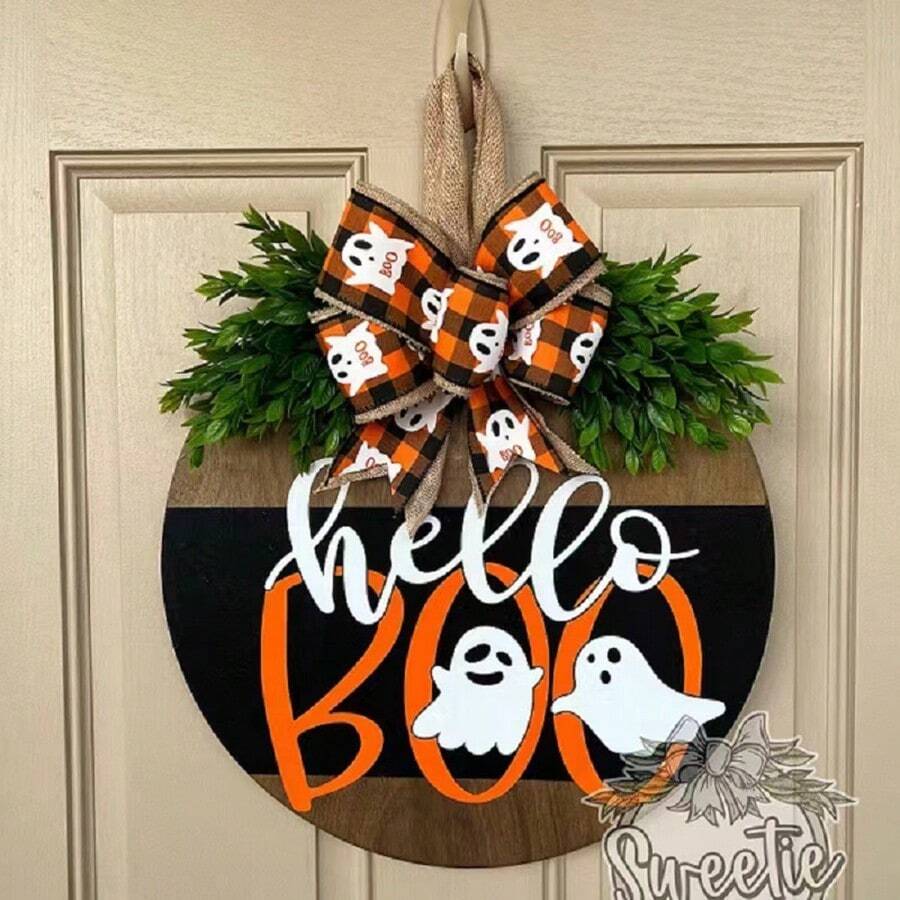 Halloween Willkommensdekorationen, Halloween Willkommensschild zum Aufhängen für die Haustür, Halloween Holztürhänger Kranz mit Schleife für Halloween Heim- und Außenbereich Wanddekoration ("Hallo Buh")