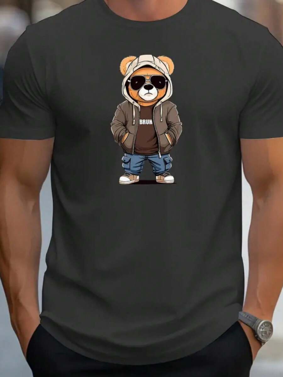 Men's T-Shirt Teddy Bear 100% Cotton Premium Mesh Women's Elegant Blouse Launch - 深灰色 - 查看 1