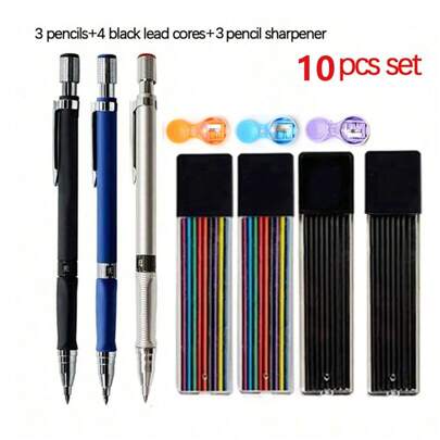 10 piezas/set Juego de lápices mecánicos de 2.0 mm 2B automáticos para estudiante, recambios de mina de color/negro, suministros escolares y de oficina (3 bolígrafos+4 minas+1 sacapuntas)