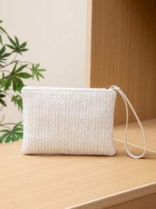 White Straw Clutch Wallet For Women - White - View 3