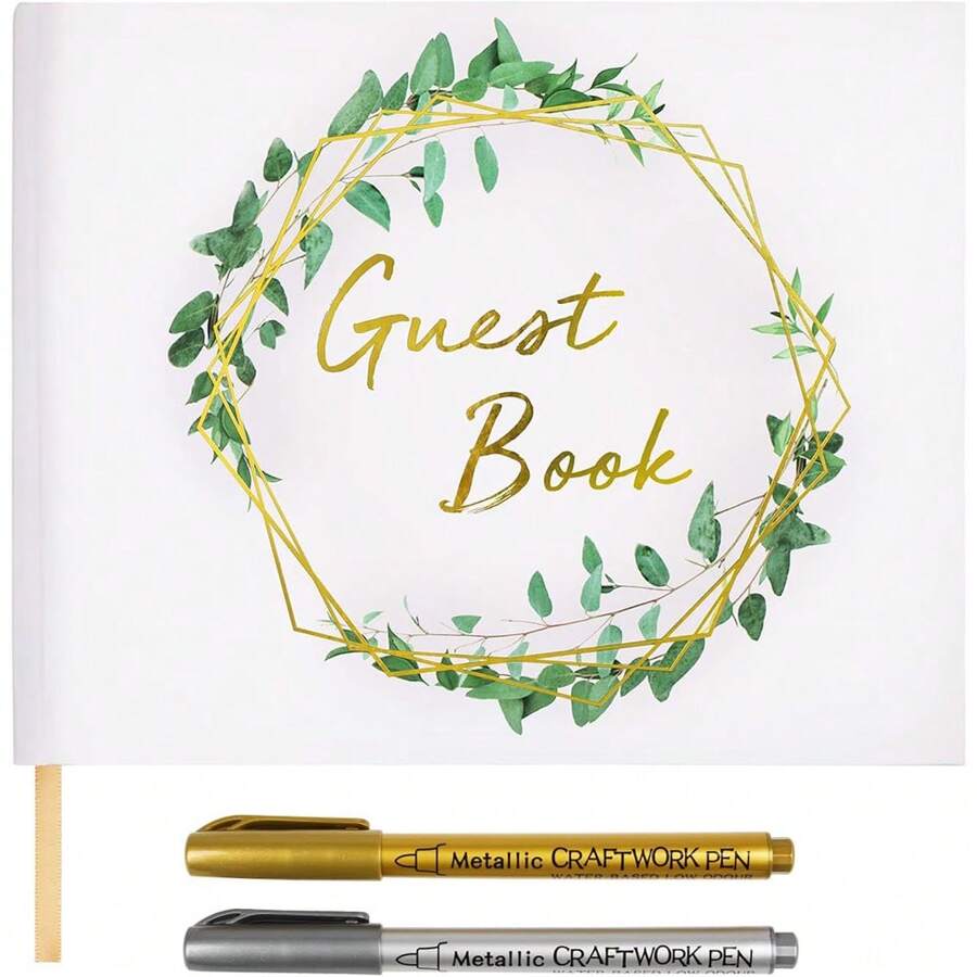 婚礼留言簿 - 婚礼登记留言簿 - 120 页婚礼登记留言簿，配有金箔、镀金边缘和两支记号笔，婚礼留言簿 9 X 7 英寸 - 彩色 - 查看 1