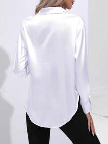 Women's Casual Lapel Button Front Faux Silk Satin Satin Long Sleeve Blouse Top