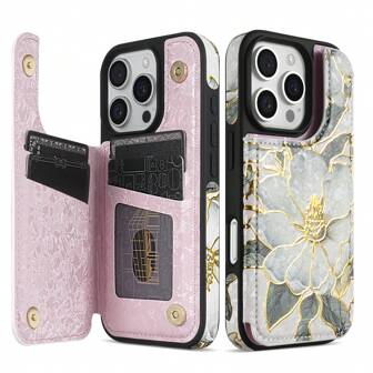 奢华钱包烫金压花烫印花卉图案双扣 RFID 屏蔽防盗刷带卡槽相框支持功能磁性翻盖 PU 人造皮革外壳兼容 16 Pro Max 15 Plus 14 13 Mini 12 11 XS XR SE 2022 2020 8 7 适用于三星 Galaxy S25 Ultra S24 FE S23 Plus S22 S21 A55 A35 A15 A14 A13 商务防摔保护套防水防震防刮全覆盖