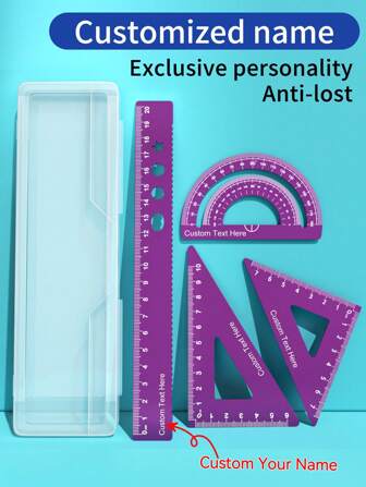 4 pièces Règle triangulaire en alliage d'aluminium personnalisable, règle ondulée, rapporteur, ensemble de règles en métal de 15 cm/20 cm, personnalisé avec un nom gravé, outil de mesure pour fournitures scolaires - idéal pour le dessin, la peinture, l'école et la maison - un merveilleux cadeau de rentrée des classes
