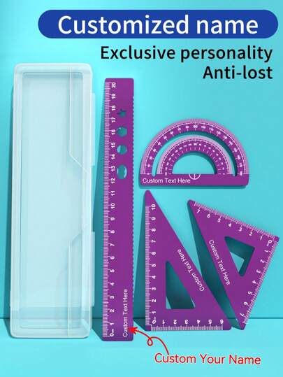 4pcs Customizable Aluminum Alloy Triangular Ruler, Wave Ruler, Protractor, 15cm/20cm Metal Ruler Set, Personalized With Engraved Name, School Supply Measurement Tool Gift - Great For Drawing, Painting, School And Home Use - Wonderful Back To School Gift