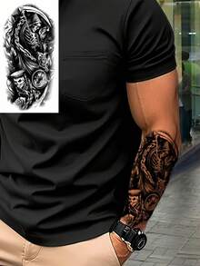 6 张半臂骷髅狼月亮人体艺术假纹身贴防水持久临时纹身成人适合开学季装饰 - 黑色 - 查看 4