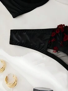 1set Women Lace Underwire Bra Set, European & American Style Sexy Lingerie, Christmas Gift - Black - View 5