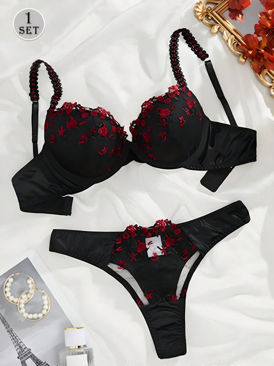 1set Women Lace Underwire Bra Set, European & American Style Sexy Lingerie, Christmas Gift - Black - View 1
