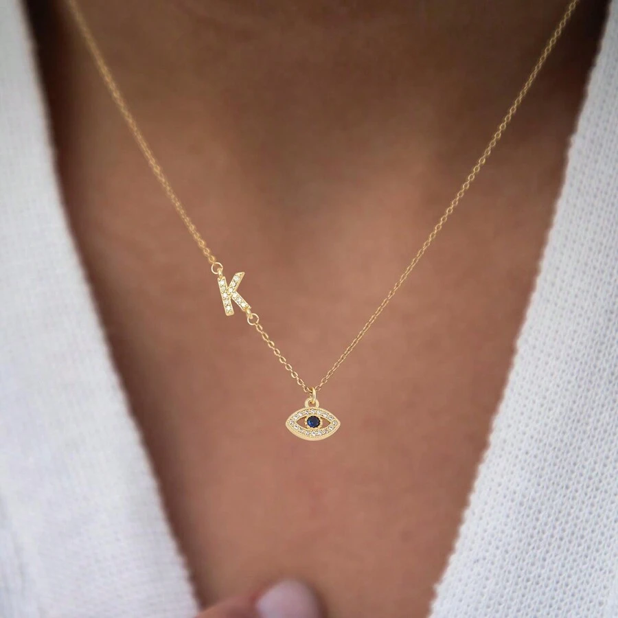 1pc Pave Zirconia Initial Eye Pendants Classic Stainless Steel Chain Necklaces For Women