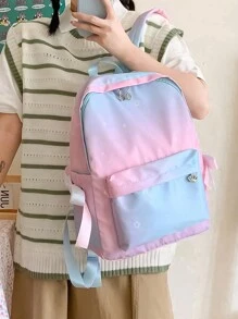 Sac à dos imprimé dégradé lune & étoiles, cartable fonctionnel pour étudiants, sac d'école décontracté à fermeture éclair avec nœud - Multicolore - Voir 4