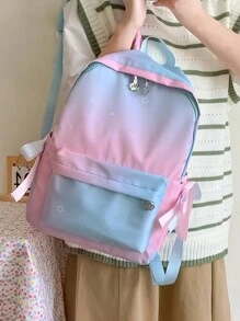 Sac à dos imprimé dégradé lune & étoiles, cartable fonctionnel pour étudiants, sac d'école décontracté à fermeture éclair avec nœud - Multicolore - Voir 3