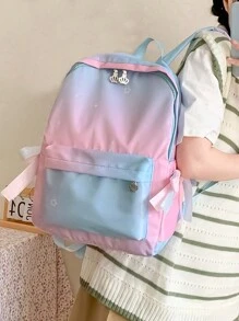 Sac à dos imprimé dégradé lune & étoiles, cartable fonctionnel pour étudiants, sac d'école décontracté à fermeture éclair avec nœud - Multicolore - Voir 5