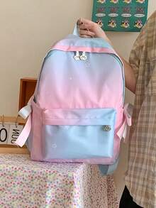 Sac à dos imprimé dégradé lune & étoiles, cartable fonctionnel pour étudiants, sac d'école décontracté à fermeture éclair avec nœud - Multicolore - Voir 8