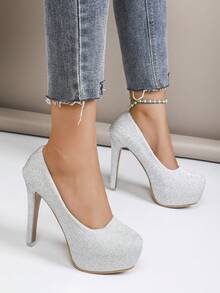 Women's Solid Color Fashion Slip-On Silver High Heels, Super High Platform, Sparkling Party/Daily Wear Pumps