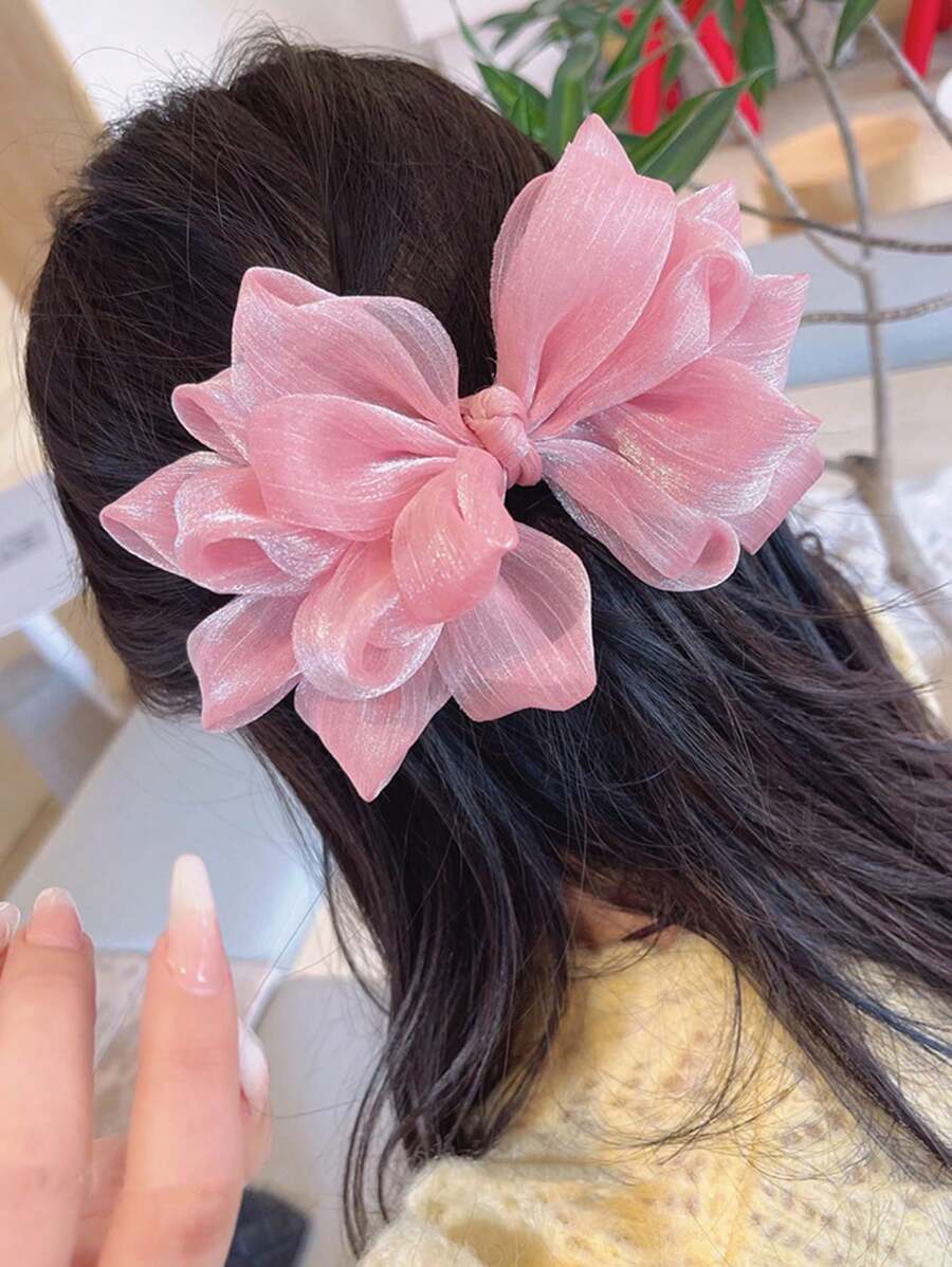 1pc Fashionable & Elegant Mesh Solid Pink Feather Bow Hair Clip, Suitable For Party, Dress, Gathering, Travel And Gift Valentine's Day, School Stuff, College, Pink Hair Clips, Bows, Cute, Hair Accessories, Head Accessories, Valentines Accessories, Hair Accessories For Women - Pink - View 1