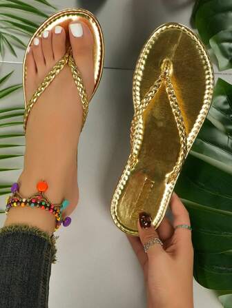 女士编织 V 型带平底人字拖，休闲夏季沙滩凉鞋