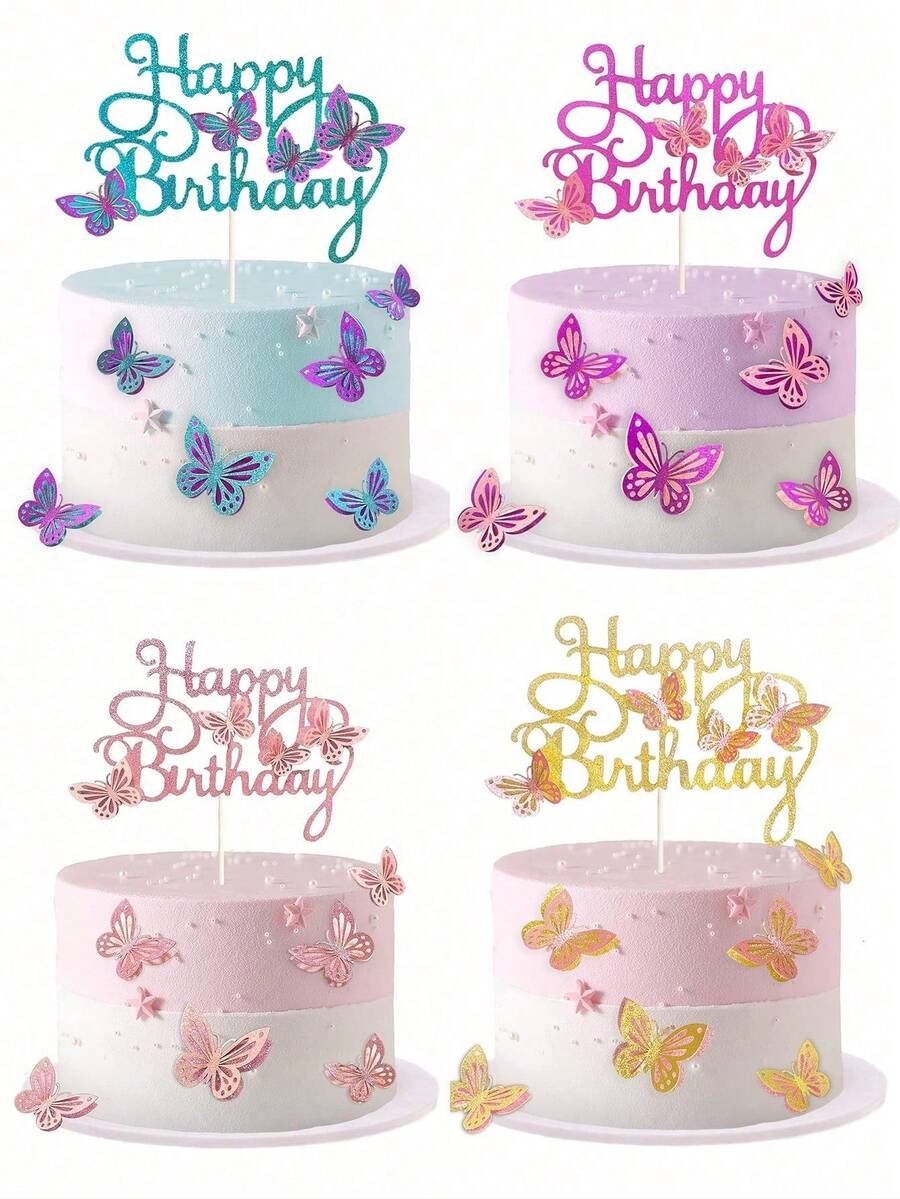 13pcs/Set Gold Glitter Cake Topper, Including 1pc Butterfly Letter Flag And 12pcs Butterfly Cake Decorations - Gold Dust - View 1